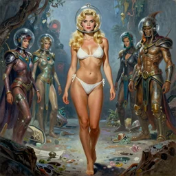 A mixed media painting of a very beautiful blonde woman walking through an alien environment, elegant, aesthetic!!! symmetrical face and eyes, piercing gaze, eighties pinup style, photorealistic, curvy, model, futuristic white-space-bikini, 60's cartoon-glass-helmet, epic fantasy character art, full length, by Frank Frazetta, Donato Giancola, Boris Vallejo, Beeple, Greg Rutkowski, Christian MacNevin,  high fantasy, prometheus, CGsociety, exquisite detail, post-processing, masterpiece, cinematic