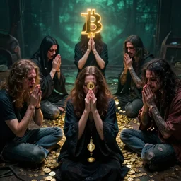 a bunch of weirdos praying at Bitcoin, cult, sick,