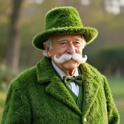 An elegant and happy white old man with a very big white moustache, wearing a flowerpot as a hat and a green coat made out of grass, outdoors, golden hour