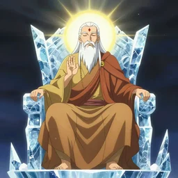 a spiritual guru sitting on a throne of ice drawn by studio trigger, in the style of Little Witch Academia, spiritual enlightenment, tradition, conformity, morality, ethics