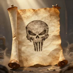 ancient fantasy punisher library with punisher papyrus scroll showing obvious punisher symbol. background light rays in dust