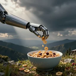 a picture of an arm with a cyborg attachment that allows you to eat cereal, HD photo