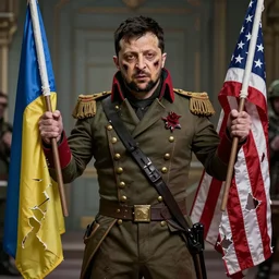 a  fashion photo of beaten Volodymyr Zelensky as a zombie dressed like  Napoleon Bonaparte, holding a torn flag of Ukraine in his left hand and a torn flag of the USA in his right hand,  hyper realistic, hyper detailed, trending at artstation, extremely sharp focus, in the style of Annie Leibovitz