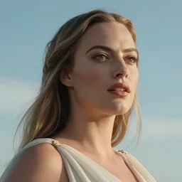margot robbie as a beautiful Greek goddess in the sky, cinematic, detailed face