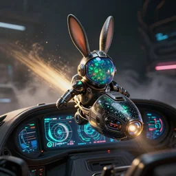 futuristic rabbit captain flying a spaceship, inside cockpit view, colorful displays, ray - tracing, beautiful, black opal, sharp focus, octane render, beautiful hdr 8 k, moody dark environment realistic, specular, detailed, unreal engine 5, golden hour, magical shimmering effect, light smoke, modern background wallpaper, wlop, chebokha, rutkowski