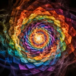hexagons tessellated in rainbow color spectrum spiral towards the center with multicolored swirls of fire and smoke, optical illusion, digital art, by max chroma on artstation