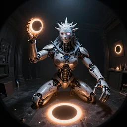 Hyper intelligent, fractal robot, in a dark room, with glowing hands, shiva, making art, solar eclipse, hyperrealistic, DAZ, unreal 5, fisheye, dynamic lighting, art by Greg Rutokowski