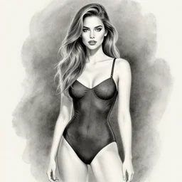 katherine mcnamara in a suimswit, graphite illustration