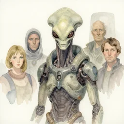 a simple and atmospheric watercolour portrait of a pulp sci - fi alien cyborg, very muted colors, by rebecca guay, michael kaluta, charles vess and jean moebius giraud