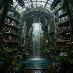 dark cyberpunk futuristic greenhouse apartments in a tropical forest setting. dusty moody lighting. rain is falling down a central hole in the interior of the building into a pool. architectural concepts inspired by dune 2 0 4 9, 8 k, photorealism