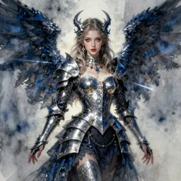 concept art of an angel gothic girl in dark and blue dragon armor, rococo outfit, pinterest, artstation trending, behance, watercolor, by coby whitmore, silver, laser light,