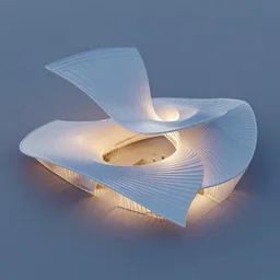 sculptural pleated curved roof planes lift and descend creating shade and architectural expression, dramatic form, 3 d top view axonometric, architecture, dusk, lightweight structures, isometric view