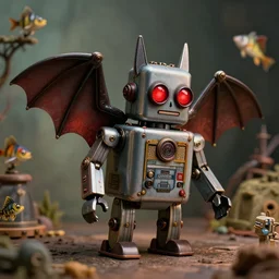 wide - angle profile face portrait of a tin toy robot as a bat with glowing red eyes, nicoletta ceccoli, mark ryden, lostfish, max fleischer, depth of field, detailed and intricate environment, 8 k resolution, hyperrealistic, octane render