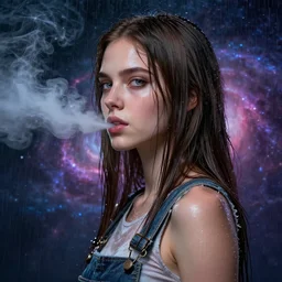 punk woman, soft eyes and narrow chin, dainty figure, long hair straight down, torn overalls, nebula background, side boob, blows smoke, wet shirt, wet, raining, highly detailed face, realistic face, beautiful detailed eyes, fantasy art, in the style of greg rutkowski, illustration, epic, fantasy, intricate, hyper detailed, artstation, concept art, smooth, sharp focus, ray tracing, vibrant,