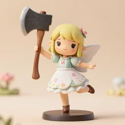 a wholesome femo figurine of a cute funny axe fairy with freckles wearing a frilly floral axe dress featured on dark souls by studio ghibly and h r giger made of woodcutter's hatchet, pastels, wide angle, dynamic dancing pose, 🎀 🪓 🧚