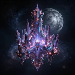 unimaginable complex neon fractal city machine dark galaxy moonlit background by patrick woodroffe