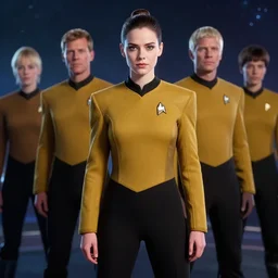 full body young eva green portrait, star trek tng uniform, space background, art by artgerm, wlop, loish, ilya kuvshinov, 8 k realistic, hyperdetailed, beautiful lighting, detailed background, depth of field, symmetrical face, frostbite 3 engine, cryengine,
