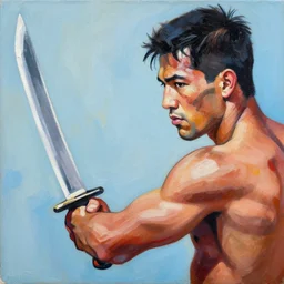 greg manchess side portrait of a filipino mma fighter struck by a sword, organic painting, sunny day, matte painting, bold shapes, hard edges, street art, trending on artstation, by huang guangjian, gil elvgren, ruan jia, randy vargas, greg rutkowski