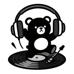 svg sticker of a Dancing-Bear, at a rave, spinning records, giant headphones rocking out, wearing headphones, huge speakers, dancing, rave, DJ, spinning records, digital art, amazing composition, rule-of-thirds, award-winning, trending on artstation, featured on deviantart