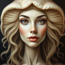 perfectly centered portrait front view of a beautiful mushroom goddess, flowing hair, intense stare, sweet smile, symmetrical, volumetric shadows and lighting, realistic oil painting by alex grey,