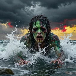 the pain is splattered on the sad monster's green face while huge waves crash against him, water sprays into the air, black thunderclouds, hints of red and yellow, fantasy, unreal engine