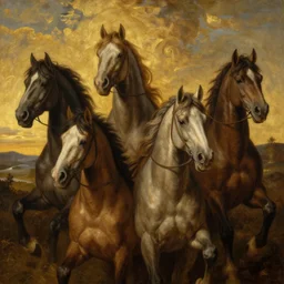 four horses of the apocalypse characters portrait, atmospheric lighting, painted, golden ratio, golden hour, intricate, highly detailed by Rembrandt
