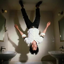 michael jackson laughing and floating upside down in a bathroom.