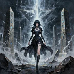 mad necromancer anime girl walking through tunder lands of infinite geometry, floating obelisks, oil painting, symmetrical, rule of three, detailed body, full body, detailed face, ultradetailed digital illustration, 8 k, epic atmosphere, digital art by simon cowell and rachel walpole
