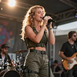 color video footage of a armed woman singing on the stage at summer music festival, long shot, sun lighting, normal tone,