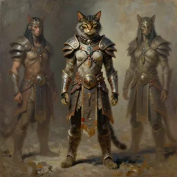 feline tribal warrior, wearing elven tribal ornamented armor, full body concept, by beksinski, weta workshop concept art, ruan jia, edward hooper, oil painting