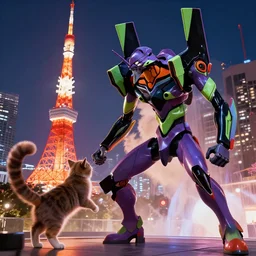 neon genesis evangelion mecha robot fighting a giant cat inside tokio, hyper realistic