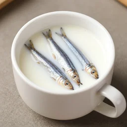 anchovies submerged in a white porcelain cup of milk tea, 3 5 mm photo