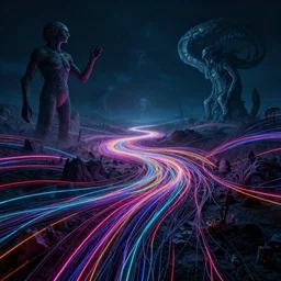 landscape, neon, RGB, glowing wires everywhere, by Edgar Maxence and Ross Tran, Zdzisław Beksiński, and Michael Whelan, distant, gustav dore, H.R. Giger, 8k, octane render
