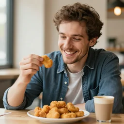 happiest man alive looking at chicken nuggets