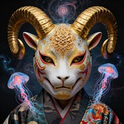 3 d god dragon face fractal close - up frontal portrait with ram golden mandelbulb skull. beautiful mandelbrot intricately detailed japanese fractal kitsune mask and clasical japanese kimono. betta dragon, jellyfish phoenix, bio luminescent, plasma, nebula, water, wind, creature, mandelbulb, fractal, artwork by tooth wu and wlop and beeple and greg rutkowski