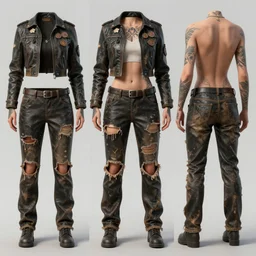 female wanderer with tattooed arms and legs wearing an old scratched leather and ripped aviator leather jeans, wearing a short black jacket with rusty medals on it, character sheet, head details, props, concept design, contrast, kim jung gi, greg rutkowski, trending on artstation, 8 k, full body, turnaround, ultra wide angle, pincushion lens effect