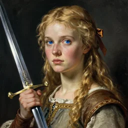 young woman in medieval clothing, blue eyes and blond hair, a ribbon in her hair, armed with a sword. art by giotto,