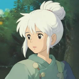 girl sorcerer with white hair in a messy hairbun. cgsociety masterpiece, artstation trending, by rossdraws, ghibli, kimi no na wa, greg rutkowski, simon stalberg, greg manchess