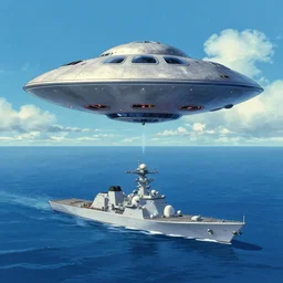 tictac shaped ufo flying out of the ocean, uss nimitz tictac ufo incident by studio ghibli, middle of the ocean, tic tac ufo, warship