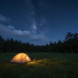 camping in the beautiful wilderness. open field. starry night with some clouds. octane render