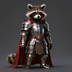 Full-length portrait of a raccoon humanoid wearing heavy armor. Iron armor, red cape, clothing. Dark fantasy, digital art, HD, detailed.