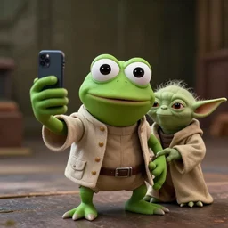 centered, pepe the frog taking a selfie with yoda in a still photo from star wars, photorealistic, extremely detailed, hyper realistic, sharp focus, cinematic, octane render, 8 k, masterpiece