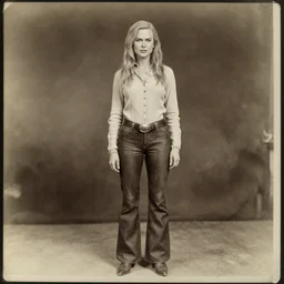 Nicole Kidman, cowgirl, outlaw, portrait, full body, beautiful face, cute, no long neck, no long anatomy, symmetrical features, silver iodide, 1880 photograph, sepia tone, aged paper, Sergio Leone, Master Prime lenses, cinematic