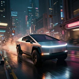 photo of combat tesla cybertruck driving on wet dystopian cyberpunk city streets at night, rocket league, mad max, action, speed, volumetric lighting, hdr, gta 5, makoto shinkai, syd mead, craig mullins, cinematic, fast and furious, octane, 8 k, iso 1 0 0, 1 2 mm