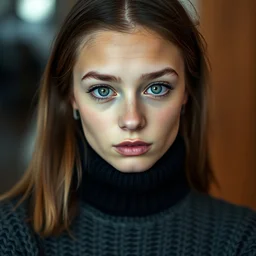 a portrait photograph of a nerdy young woman with a black sweater, tanned skin tone, dof, sharp focus, highly detailed face, symmetric face, realistic iris, cinestill 8 0 0 t, photography by paolo roversi