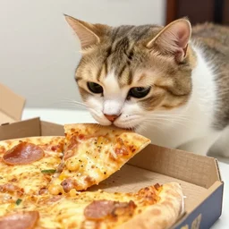 realistic photo of a cute cat eating pizza