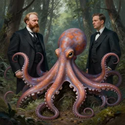 photo of vladimir lenin and octopus hybrid with tentacles in the forest, highly detailed, digital painting, artstation, smooth, sharp focus, illustration, art by artgerm and greg rutkowski and alphonse mucha