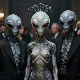 grey alien masquerade ball by roger deakins and moebius and alphonse much and guweiz, intricate details, very realistic, cinematic lighting, volumetric lighting, photographic, cinematic film still, lars von trier