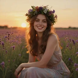 Fine art photo of the most beautiful woman, she is posing while maintain a sweet eye contact to the camera, she has a crown of flowers, she has perfect white teeths, she is sitting on a field of lavader, she is getting ulluminated by the rays of the sunset, the photo was taking by Annie Leibovitz, Ellie Victoria Gale, Steve McCurry, matte painting, oil painting, naturalism, 4k, 8k