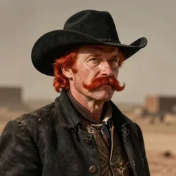 portrait drunk cowboy red hair, big moustache, black stetson and coat, dusty backgroung, albert bierstadt